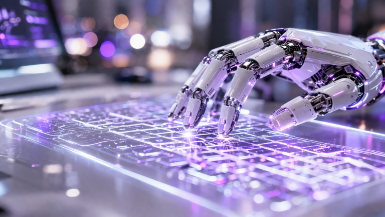 mano tecnologica futurista usando un teclado